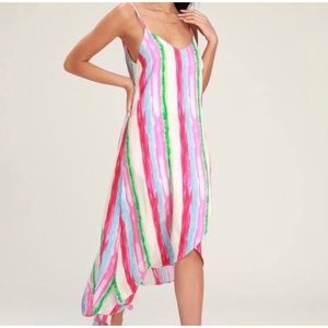 Lulus Brushstroke of Luck Rainbow Stripe Dress Sundress V-Neck Stripes NWT Sz S